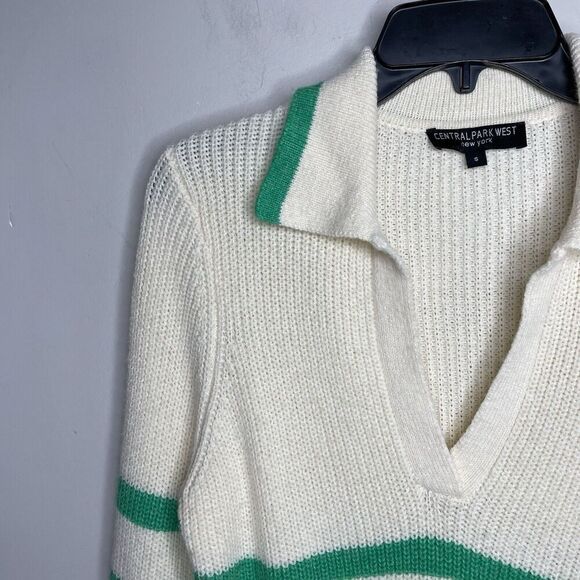 CENTRAL PARK WEST Sweater Women Small Green Stripe Ivory Pullover V-Neck Collar - Picture 5 of 16